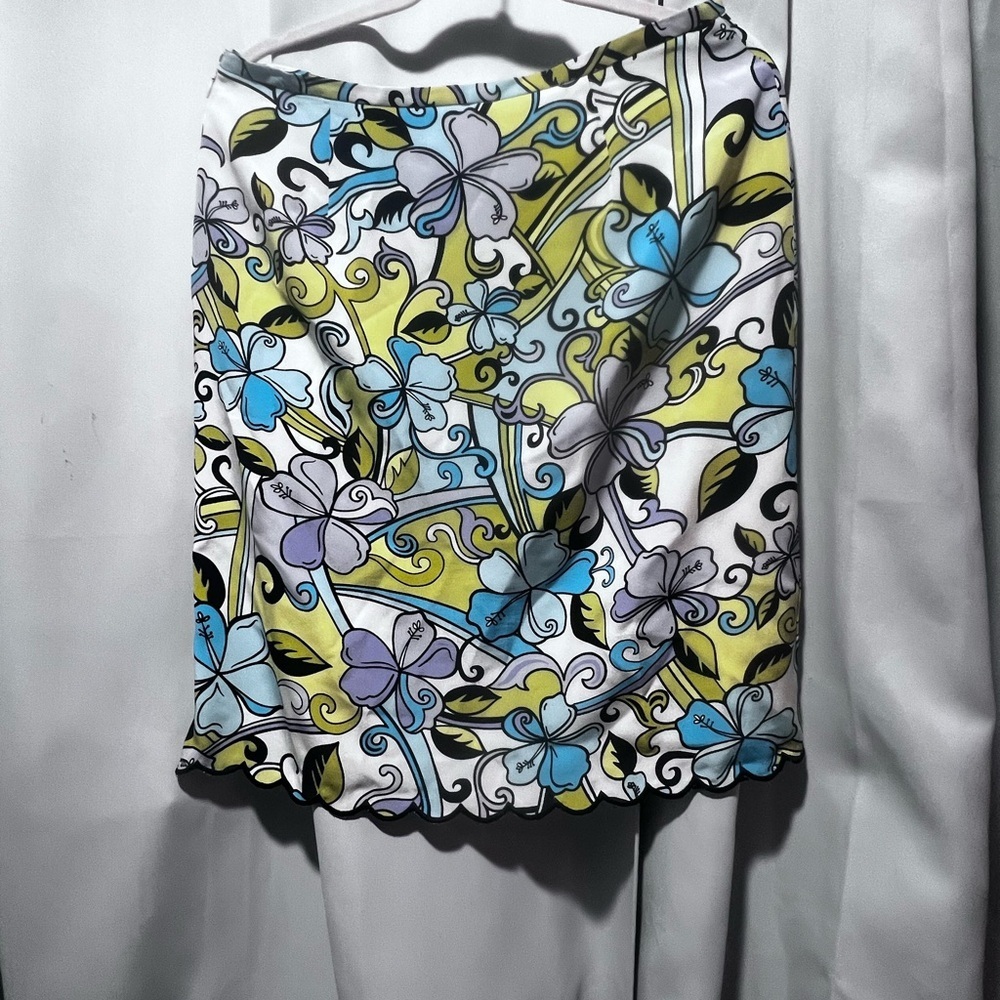 Andrea Viccaro 100% Silk Floral Skirt Size 12 Blue Green Scalloped Hem - Picture 2 of 7
